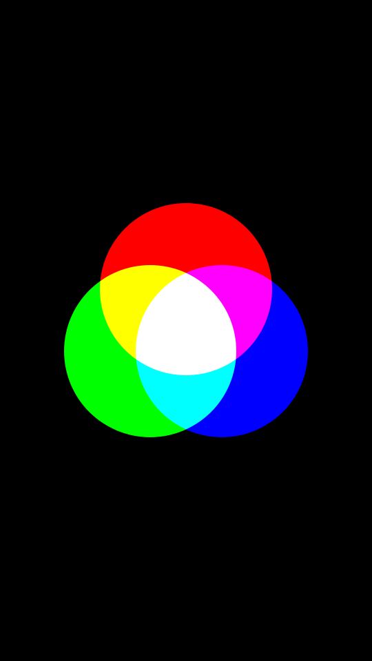 Classic RGB additive colour-mixing Venn diagram on black.