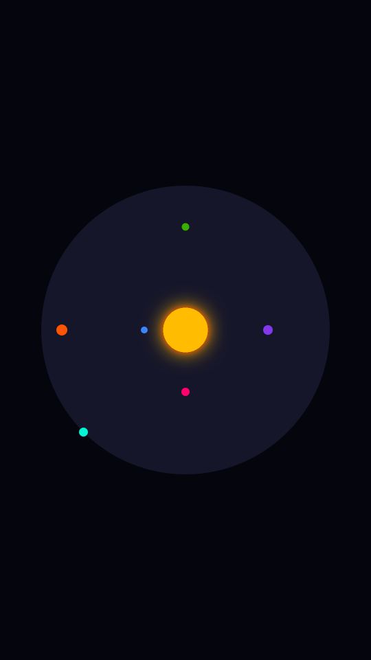 Yellow sun with six coloured planets curving away from it on navy.